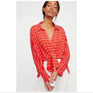FREE PEOPLE | RED STRIPED OVERSIZED LONG SLEEVE TOP TIE FRONT BOHO BARBIE